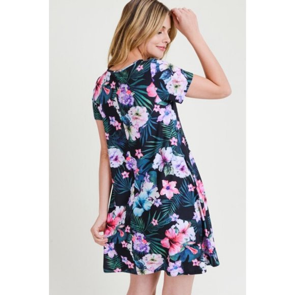 Women's Tropical Floral Print Fit Flare Dress BLK - Picture 5 of 7